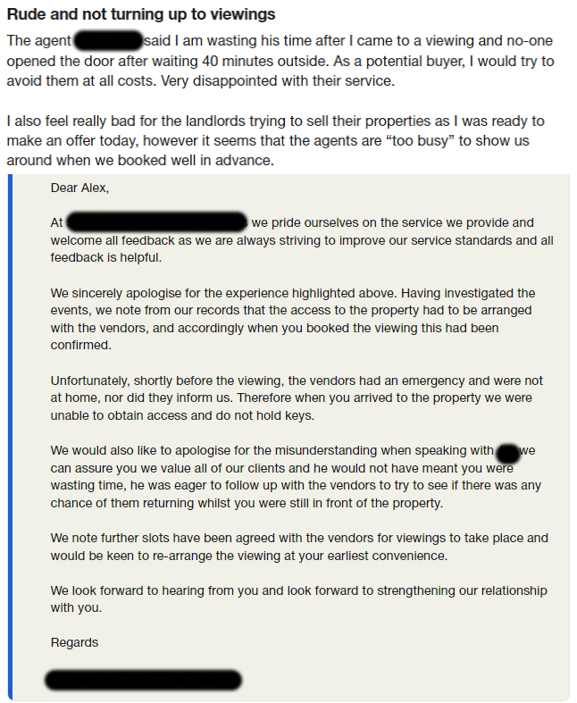 Bad reviews for estate agents