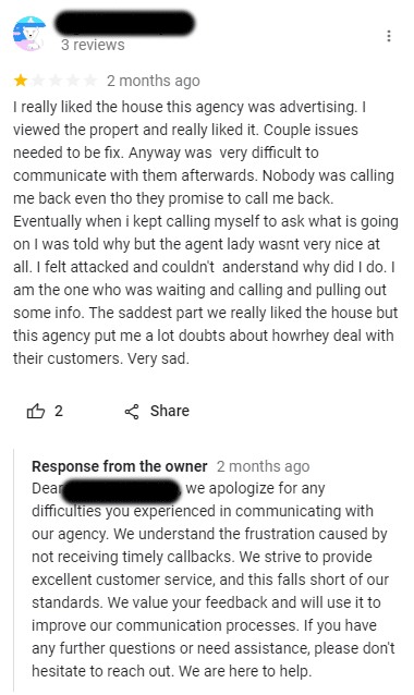 Bad review for estate agents example
