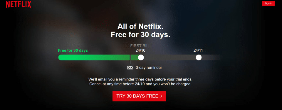 Example of a call to action - Netflix free 30 day trial