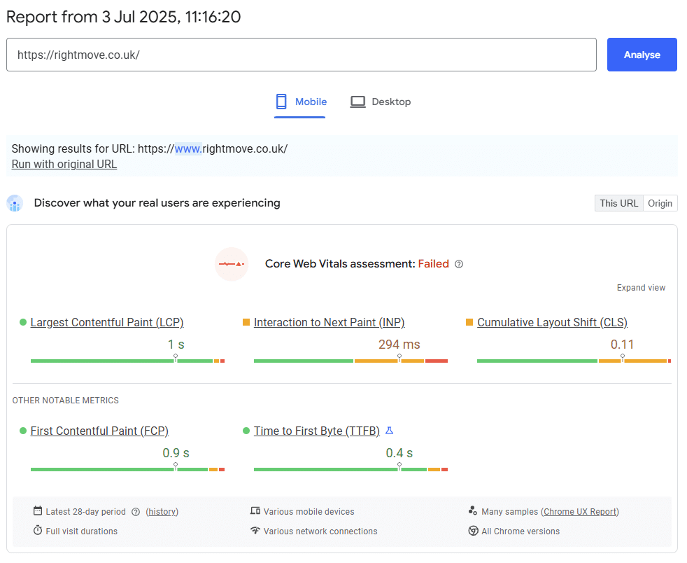 PageSpeed Insights Example RightMove