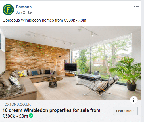 Facebook call to action example - estate agent